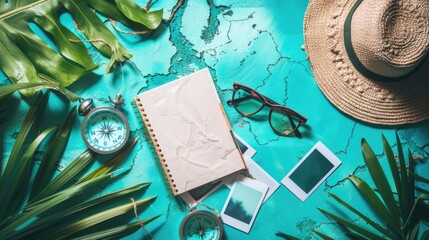 A green hat, aqua sunglasses, an electric blue compass, a watercolored notebook, and a map with an...