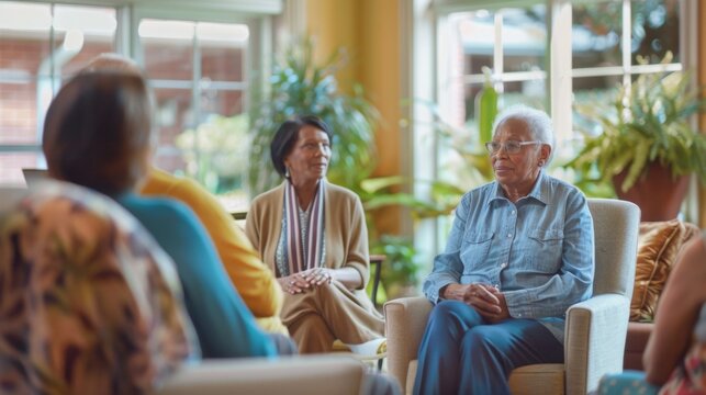 A group of elderly people engaged in conversation, sitting comfortably in a bright, plant-filled room.