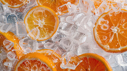 Texture of ice and frozen oranges background