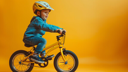 Cute little boy riding yellow bicycle with helmet on isolated pastel background,