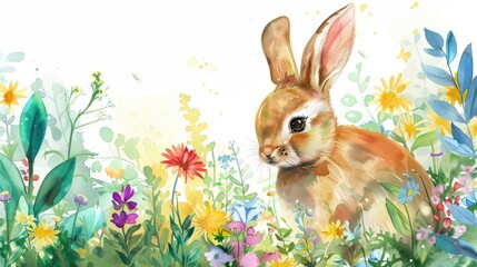 Watercolor illustration of a rabbit and spring flowers. Spring colors illustration.