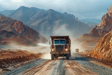 A muscular truck moves determinedly through a mountain pass, its journey a testament to the intersection of human engineering and nature's majesty - Powered by Adobe