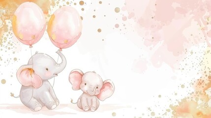 Cute baby elephant playing with balloon, watercolor illustration with pink background
