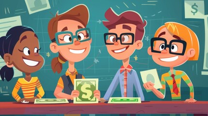 Four animated characters engage in a friendly financial discussion, one holding money symbols.