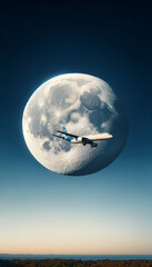 A large moon in a clear blue sky, with a commercial airplane captured in flight right in front of it
