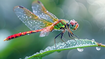 Close-up of a colorful dragonfly perched delicately on a dew-covered leaf.