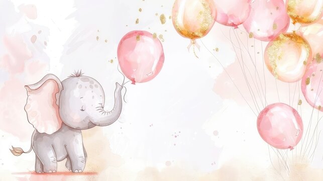 Cute baby elephant playing with balloon, watercolor illustration with pink background