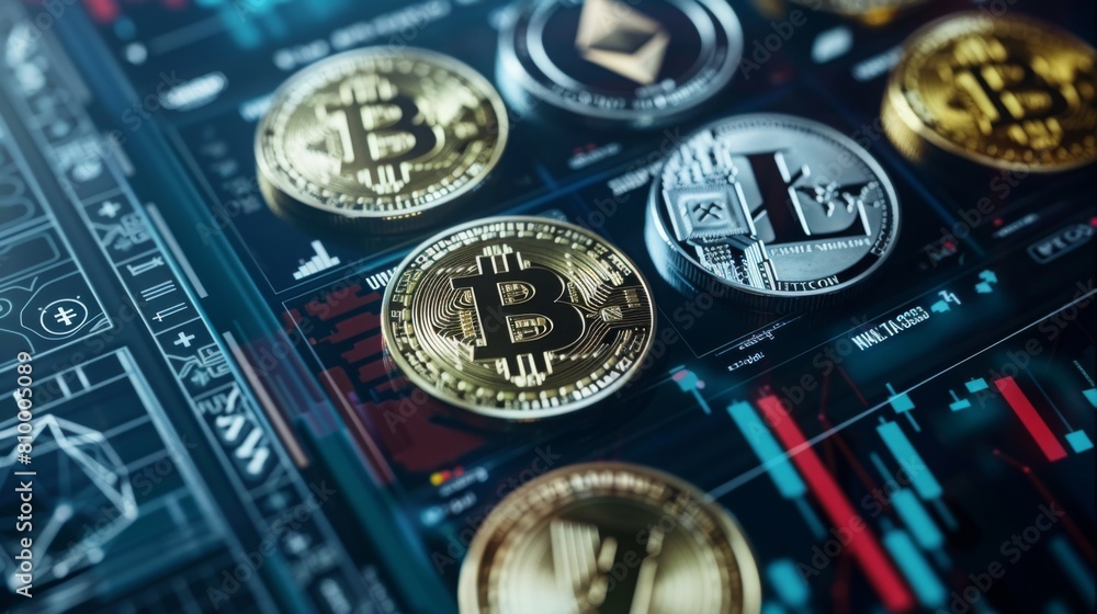 Poster various cryptocurrency tokens including bitcoin arranged on a desk with digital trading charts in th