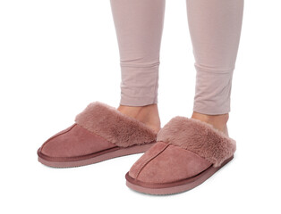 Woman in pink soft slippers on white background, closeup