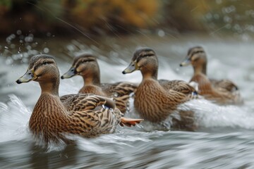 A group of four ducks gracefully float in formation on serene water, with a soft focus on the ducks in the background
