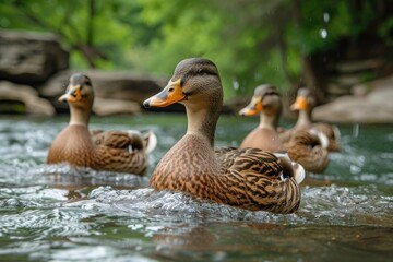 Five ducks calmly navigate a river with lush forest scenery in the background, emitting a serene atmosphere