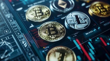 Various cryptocurrency tokens including Bitcoin arranged on a desk with digital trading charts in the background.