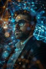Fototapeta premium Portrait of a handsome bearded man wearing glasses and a suit. The concept of cryptocurrency mining and blockchain.