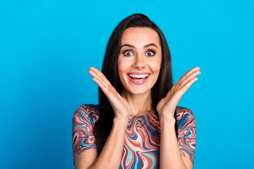 Photo portrait of pretty young girl excited raise hands wear trendy colorful clothes isolated on...