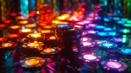 Stacks of glowing poker chips in a dark room illuminated by a single overhead light hinting at underground gambling. - Powered by Adobe