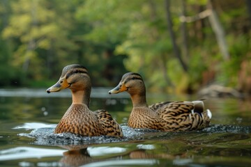 A pair of ducks glide smoothly on calm waters, surrounded by lush greenery, exuding peace