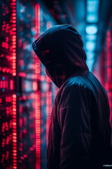 Fototapeta premium A dark hacker standing in a server room with red neon lights, the dark side of internet and cyber, security, cybersecurity.