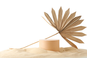 Presentation of product. Beige podium and palm leaf on sand against white background