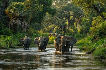 Beautiful herd of African elephants captured in a serene and lush green environment surrounded by tall trees and water