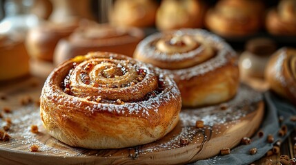 Obraz na płótnie Canvas A few cinnamon rolls rest atop a wooden cutting board beside a mound of doughnuts