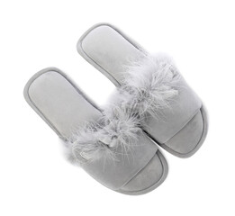 Pair of soft slippers with fur isolated on white, top view