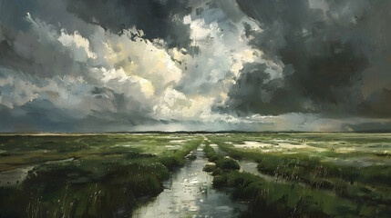 A dramatic stormy sky over a polder, with dark clouds looming above and patches of sunlight illuminating the green fields and waterways