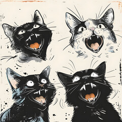 Four Carnivore Vertebrate Felidae Mammal Cats with open mouths in art painting