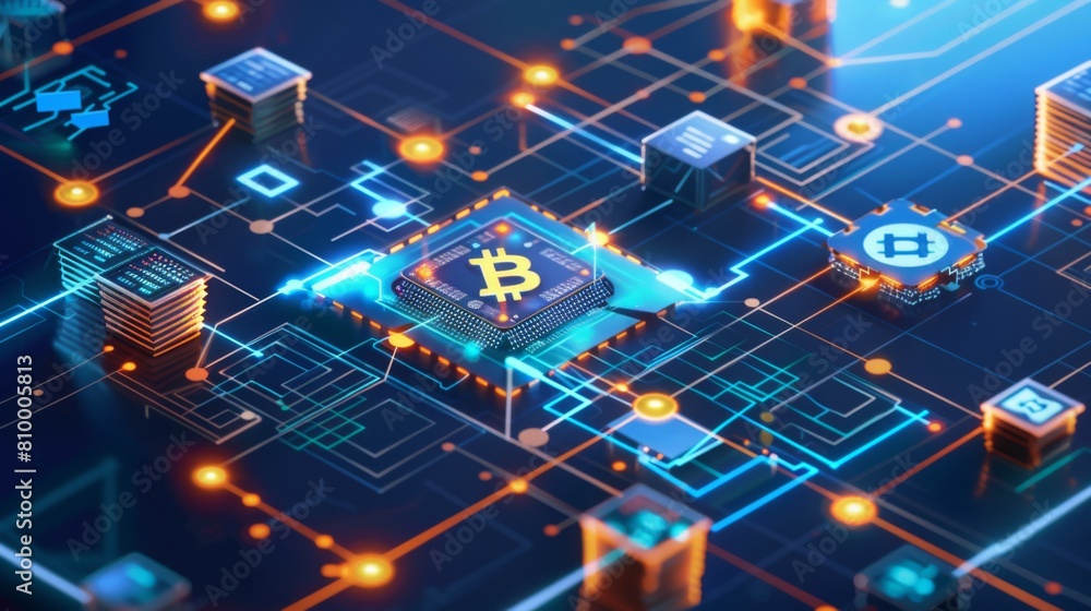 Poster glowing bitcoin symbol on a futuristic blue circuit board, representing digital currency technology.