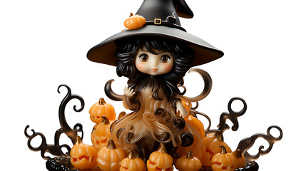 A beautiful anime style figurine of an adorable witch surrounded by pumpkins