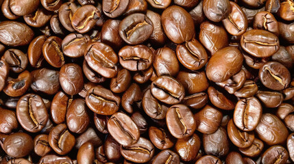 Fototapeta premium Top view background of aromatic brown coffee beans scattered on surface