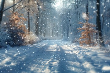 A picturesque snowy path through a winter forest, sun filtering through trees as snow gently falls, evoking a serene and idyllic scene