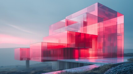 Transparent multi-layered building shines in reds and pinks against a backdrop of a minimalist landscape.