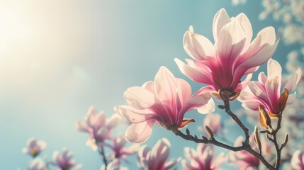 Spring magnolia blossoms on sky background
