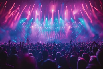 A vibrant image capturing the energy of a crowd at a concert, bathed in colorful stage lighting