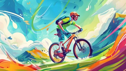 A young man is riding his mountain bike on the road, surrounded by green mountains and colorful clouds in the style of cartoon Generative AI
