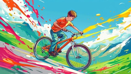 Fototapeta premium A young man is riding his mountain bike on the road, with colorful paint splashes behind him Generative AI