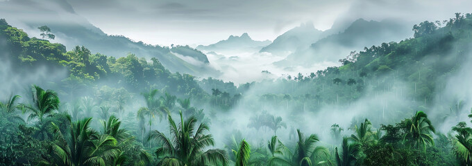 A panoramic view of the jungle mountains with mist in Kailoang, Thailand.A panoramic view of the...