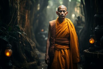 Peaceful monk in traditional robes stands in a mystic, foggy woodland
