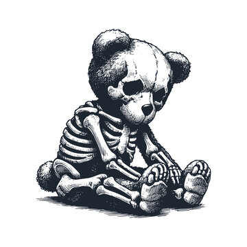 recommend clip art: The teddy bear show the skull and bone. Black white vector illustration.
                    