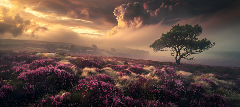 A dynamic scene of a heathland during a storm, with dramatic clouds and wind-swept heather - Powered by Adobe