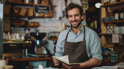 A cheerful male barista in an apron holds a menu inside a warmly lit, rustic coffee shop.