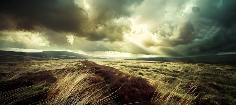 A dynamic scene of a heathland during a storm, with dramatic clouds and wind-swept heather