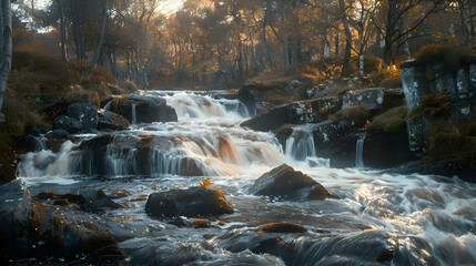 A dynamic shot of a fast-flowing brook cascading over rocks, creating a natural waterfall in a secluded woodland area