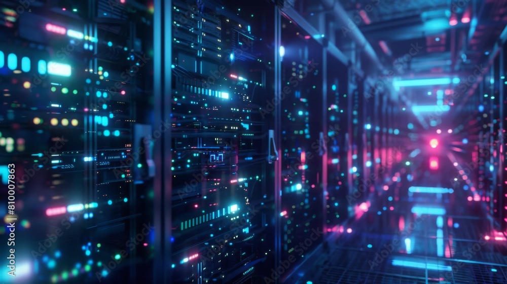 Poster Rows of high-tech server racks illuminate a data center hallway with neon blue and red LEDs, signifying activity and connectivity.