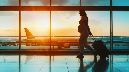 A pregnant woman carrying a suitcase is walking at the airport. A pregnant woman's silhouette against the glowing airport sunrise