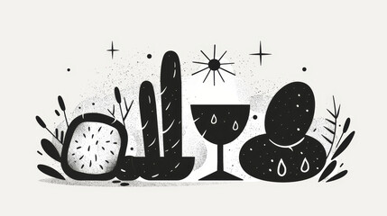 Minimalist black and white vector illustration depicting bread and wine alongside wheat, symbolizing the Body and Blood of Christ in Christian Eucharist.