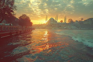 Fototapeta premium Sunset over the Mosque in Istanbul, Turkey, Filtered image