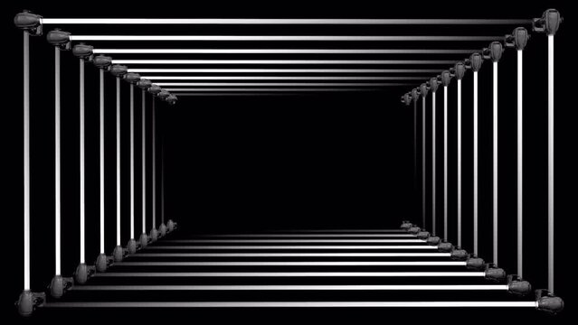 Spotlights in a rectangle array, shining in a chase light mode towards each other, seamless VJ Loop