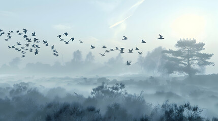 A flock of birds taking flight over a misty heathland early in the morning, with soft rays of light piercing through