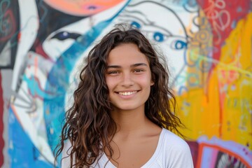 A young woman standing in front of a vibrant colored wall. Suitable for lifestyle and fashion concepts